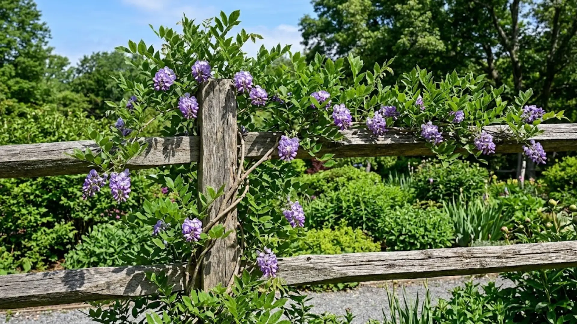 american wisteria vine with compact purple blooms climbing a wooden fence