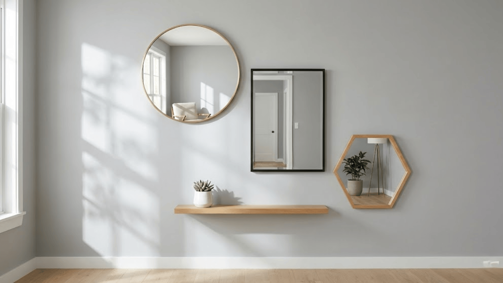 three mirrors arranged asymmetrically on gray wall with round brass rectangular black and hexagonal wood