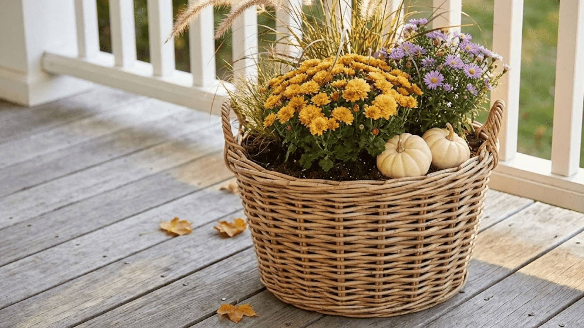 basket planters with pumpkins and blooms