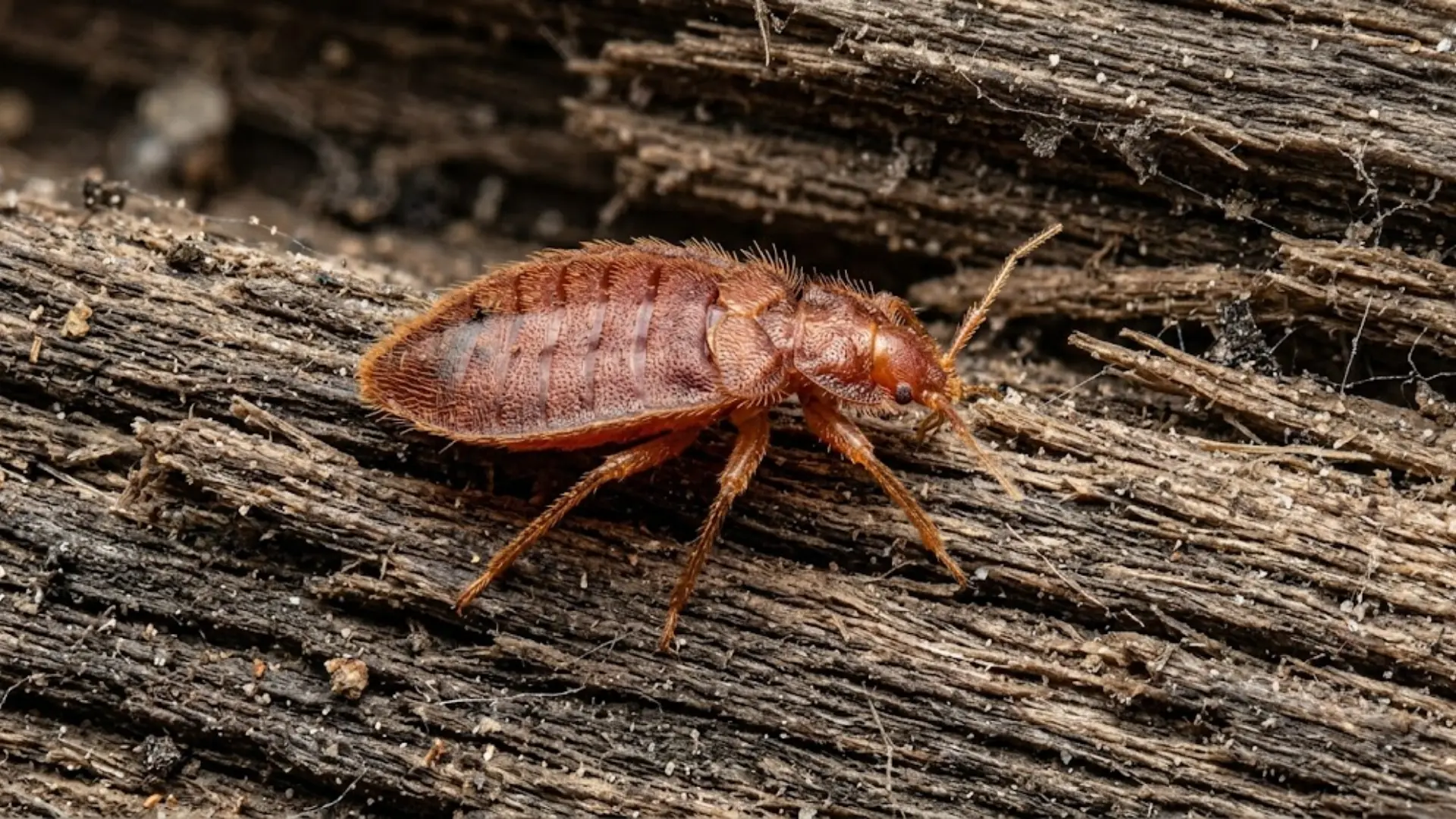 photo of a bat bug resting on rough wood grain inside an attic