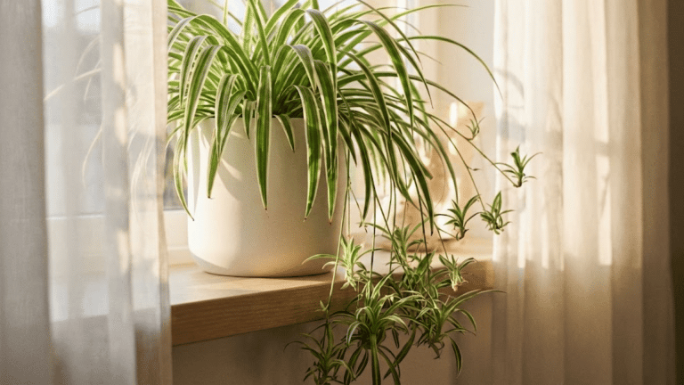 variegated spider plant with cascading leaves and baby plantlets on white windowsill in natural light