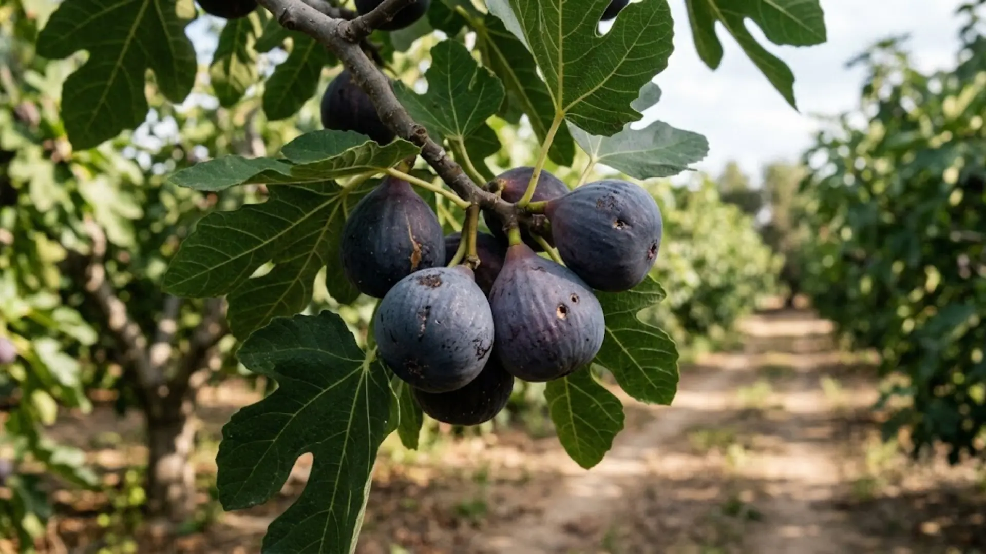 black mission figs hanging on a branch in an orchard