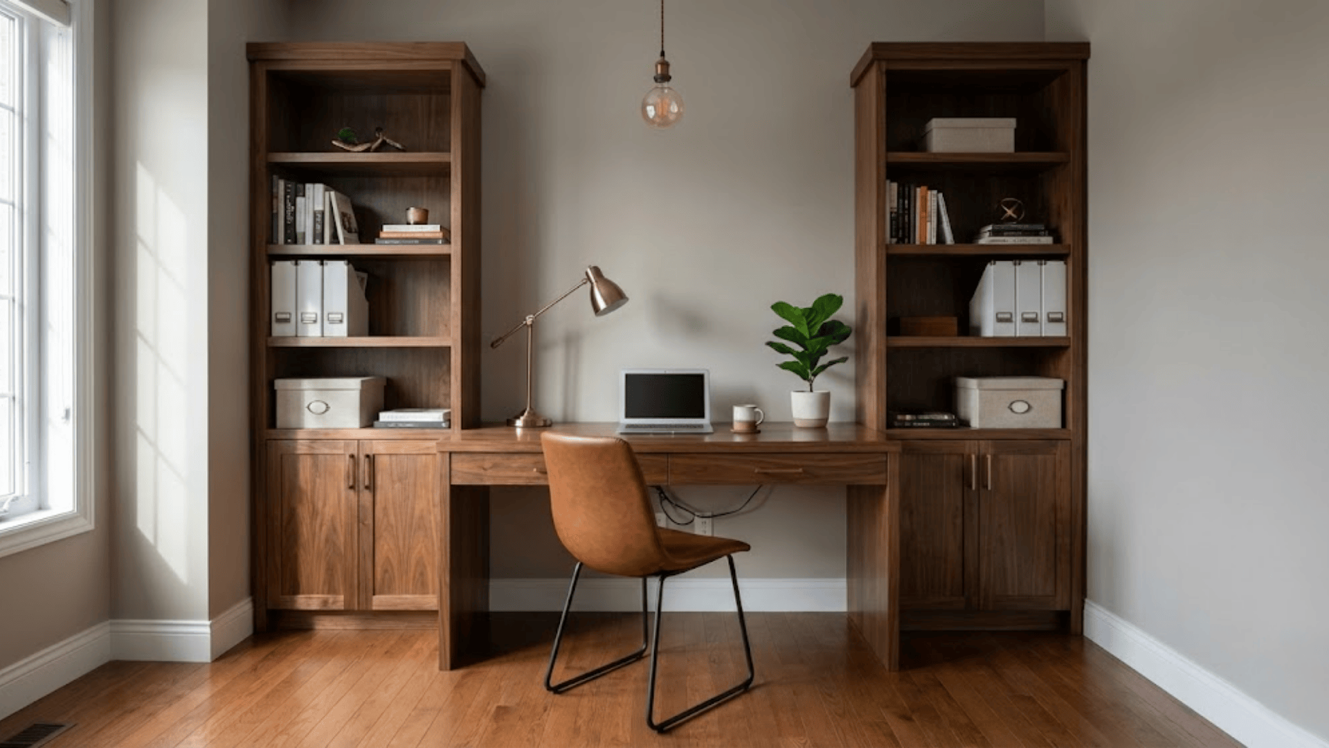 bookcase with desk or tv integration