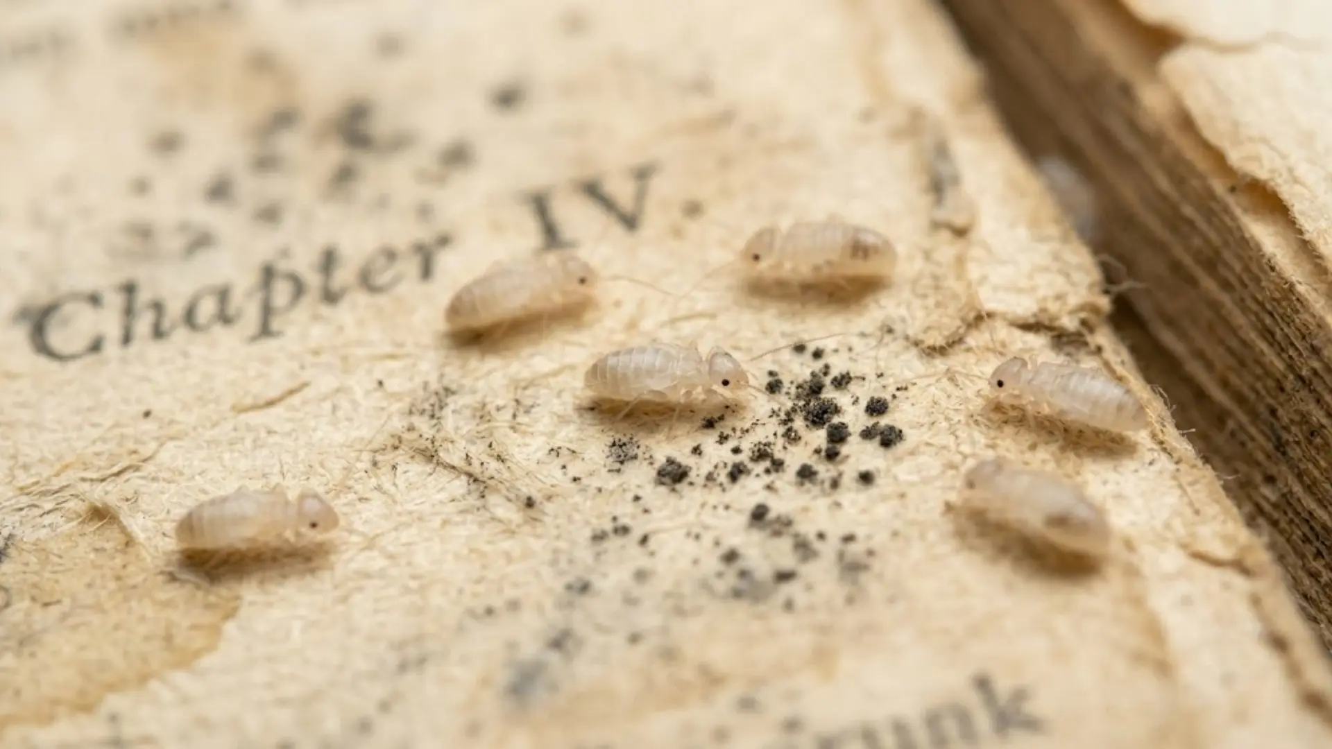 photo of pale booklice resting on a damp, moldy book page