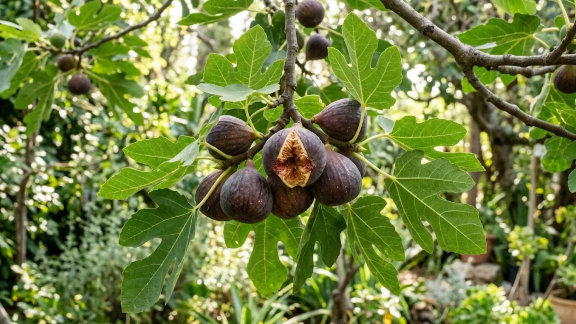 ripe brown turkey figs hanging on a leafy branch in daylight