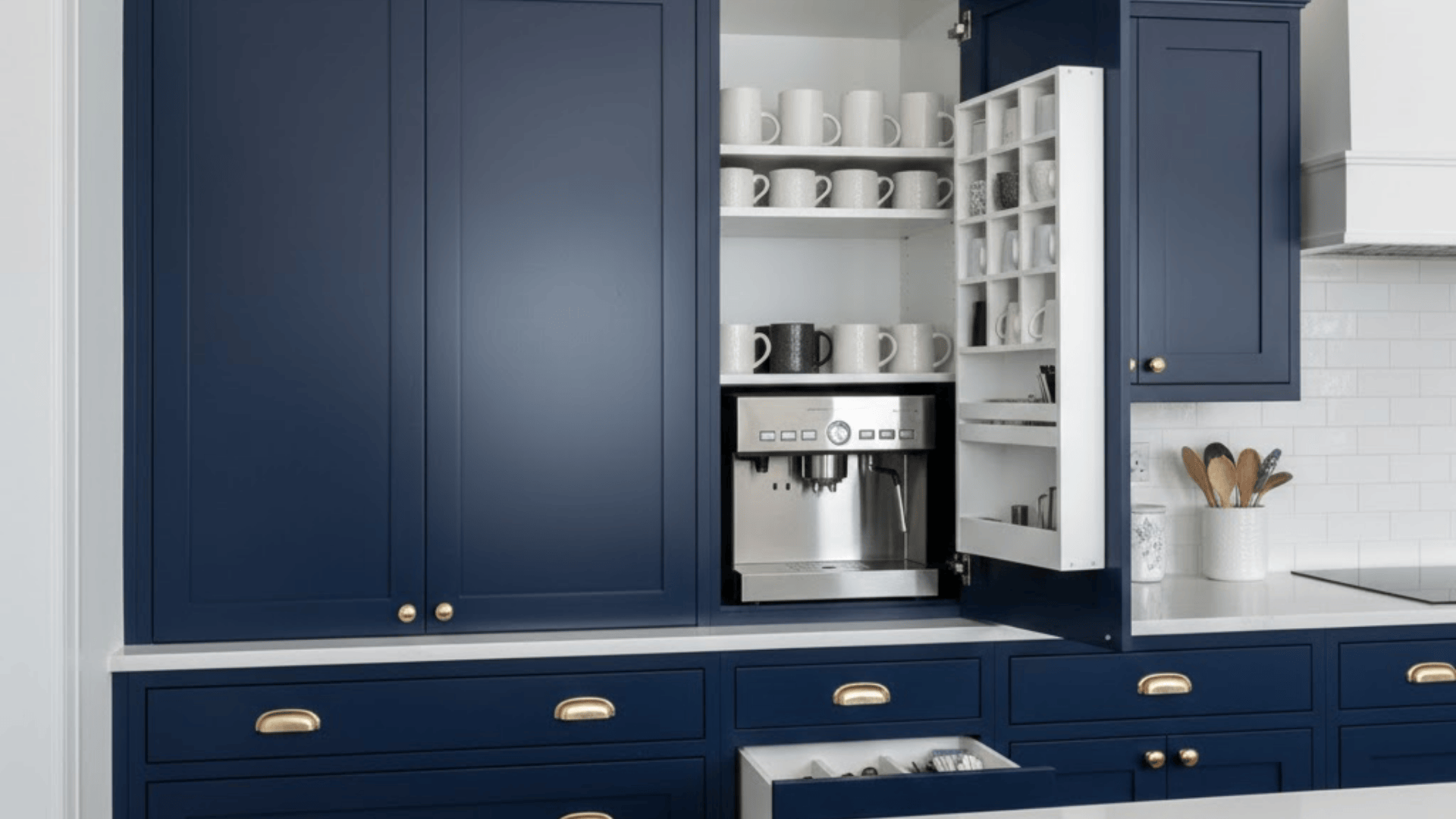 built in cabinet coffee bar with full storage