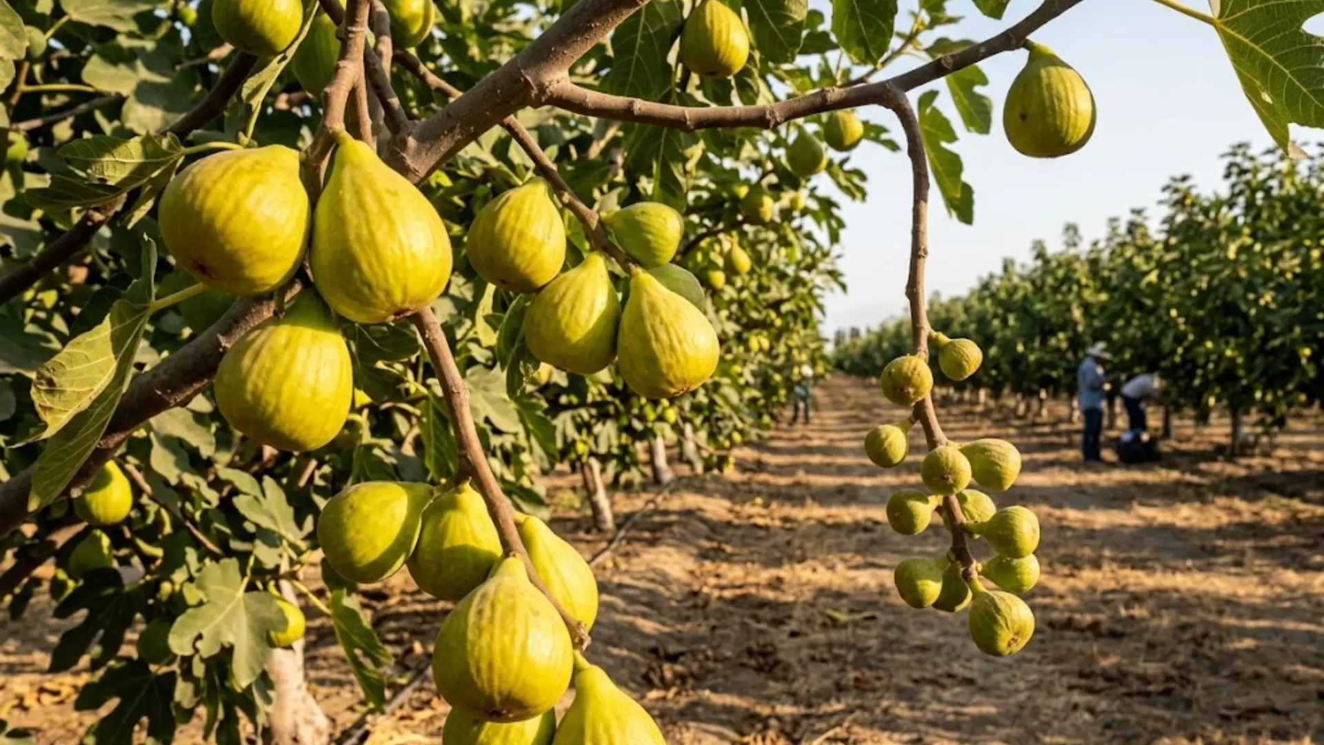 greenish yellow calimyrna figs on tree with orchard rows behind