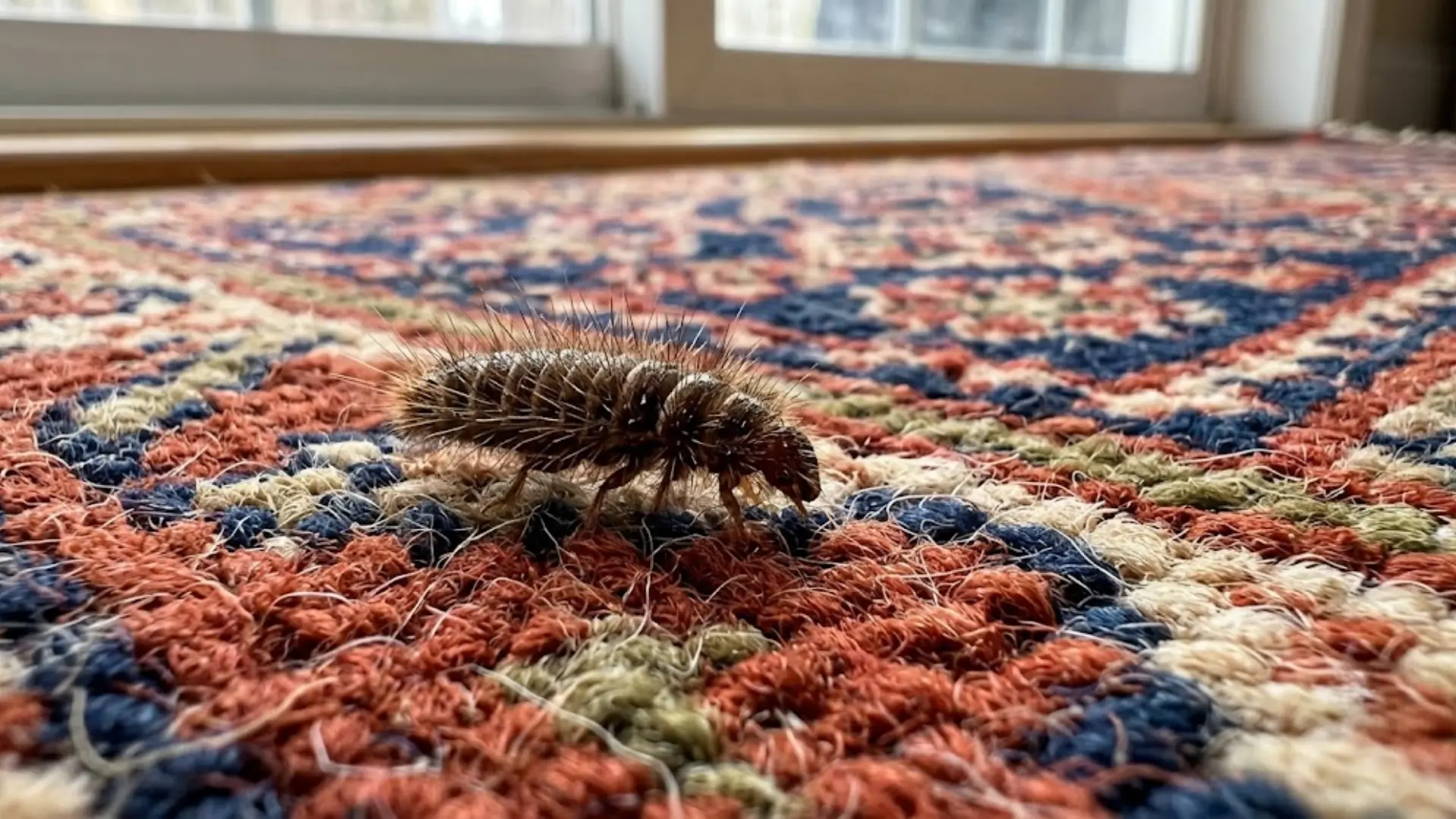 photo of a carpet beetle larva crawling on a wool rug surface