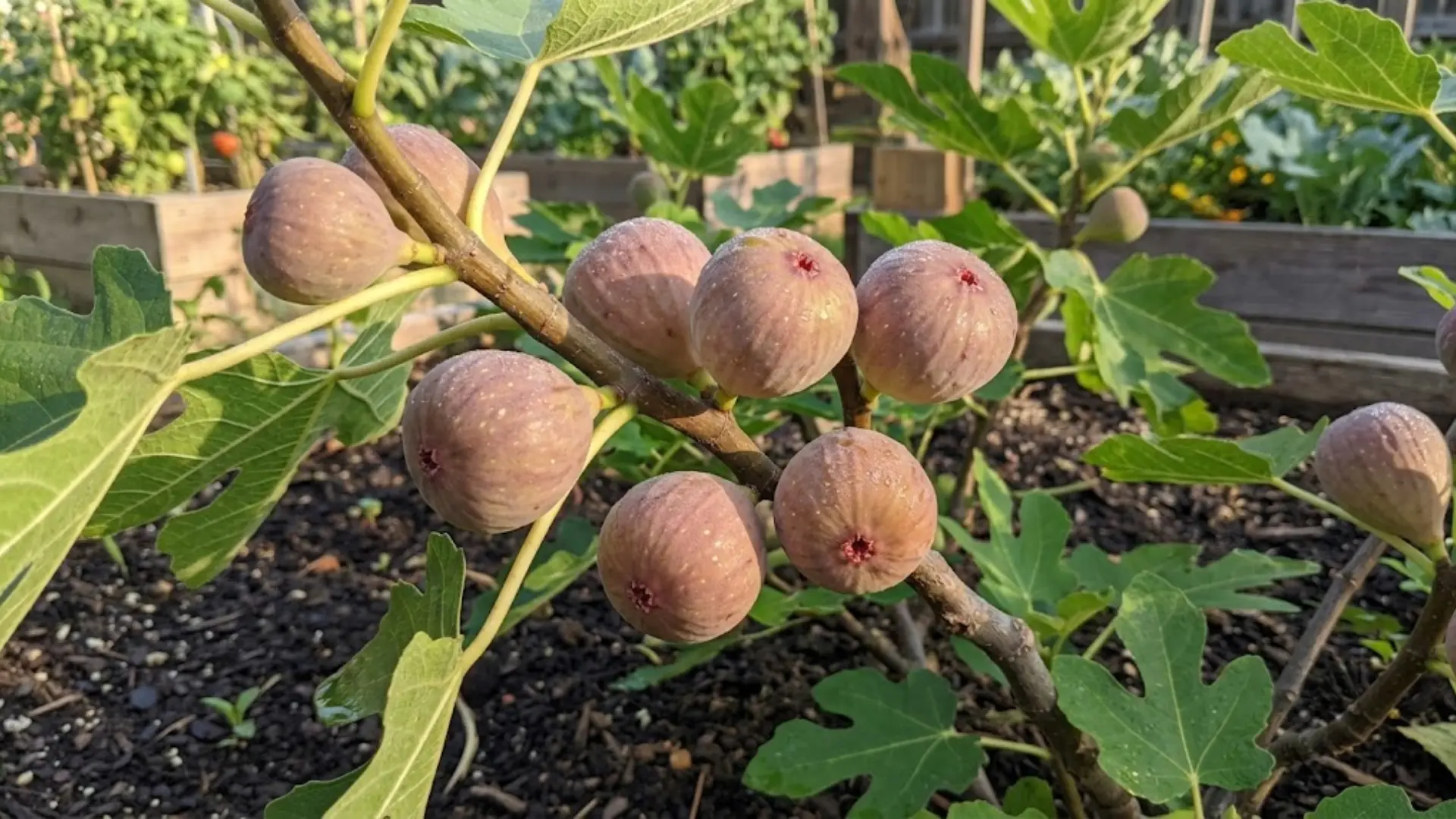 small celeste figs with closed eyes clustered on a garden branch