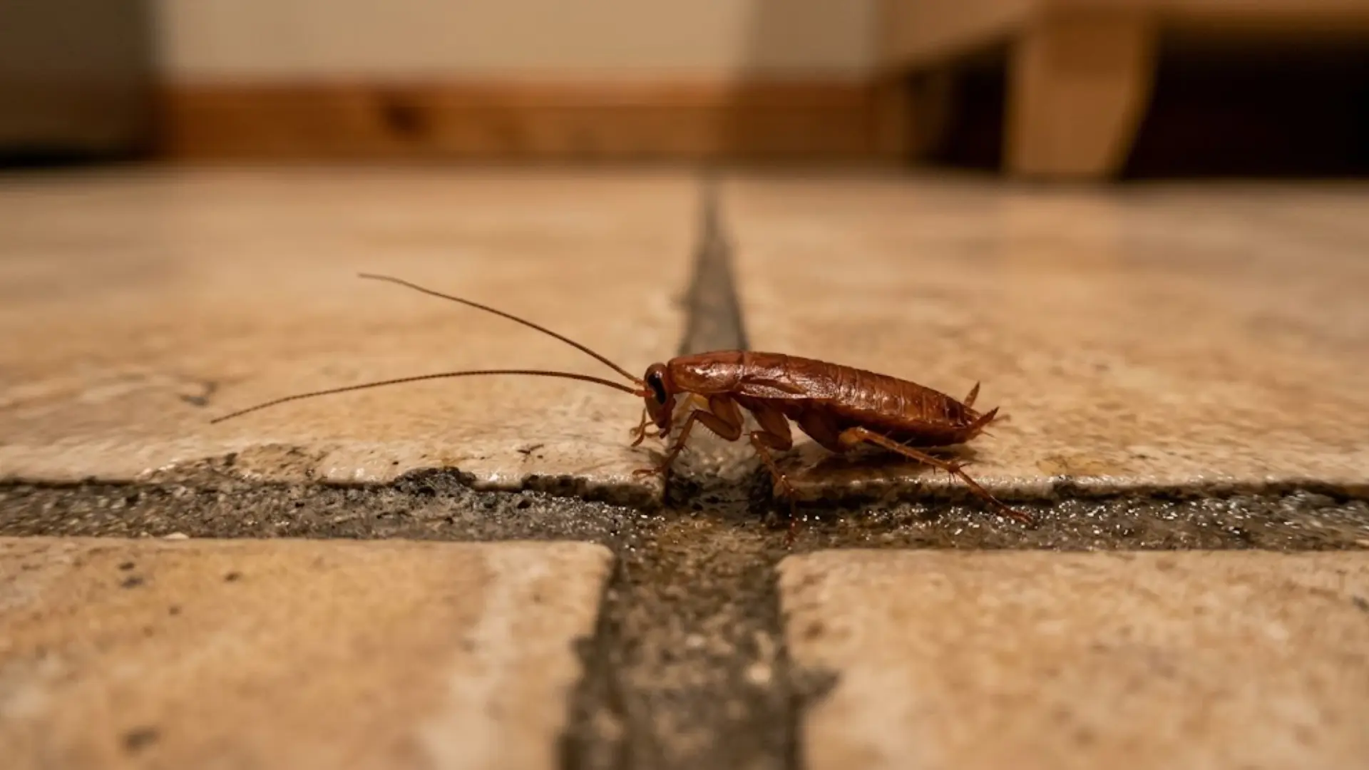photo of a small cockroach nymph on a cracked kitchen tile