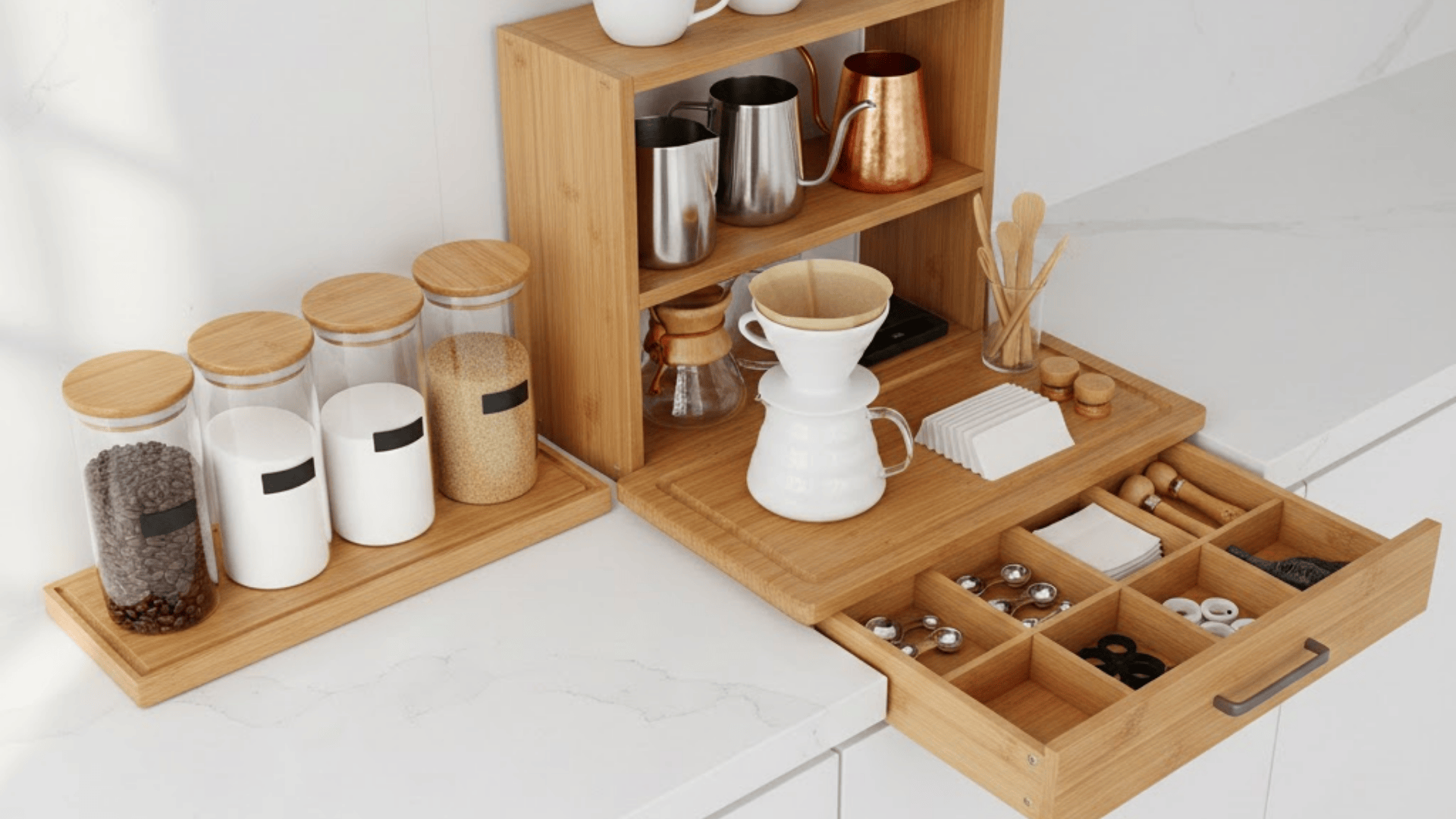 coffee bar with dedicated storage zones