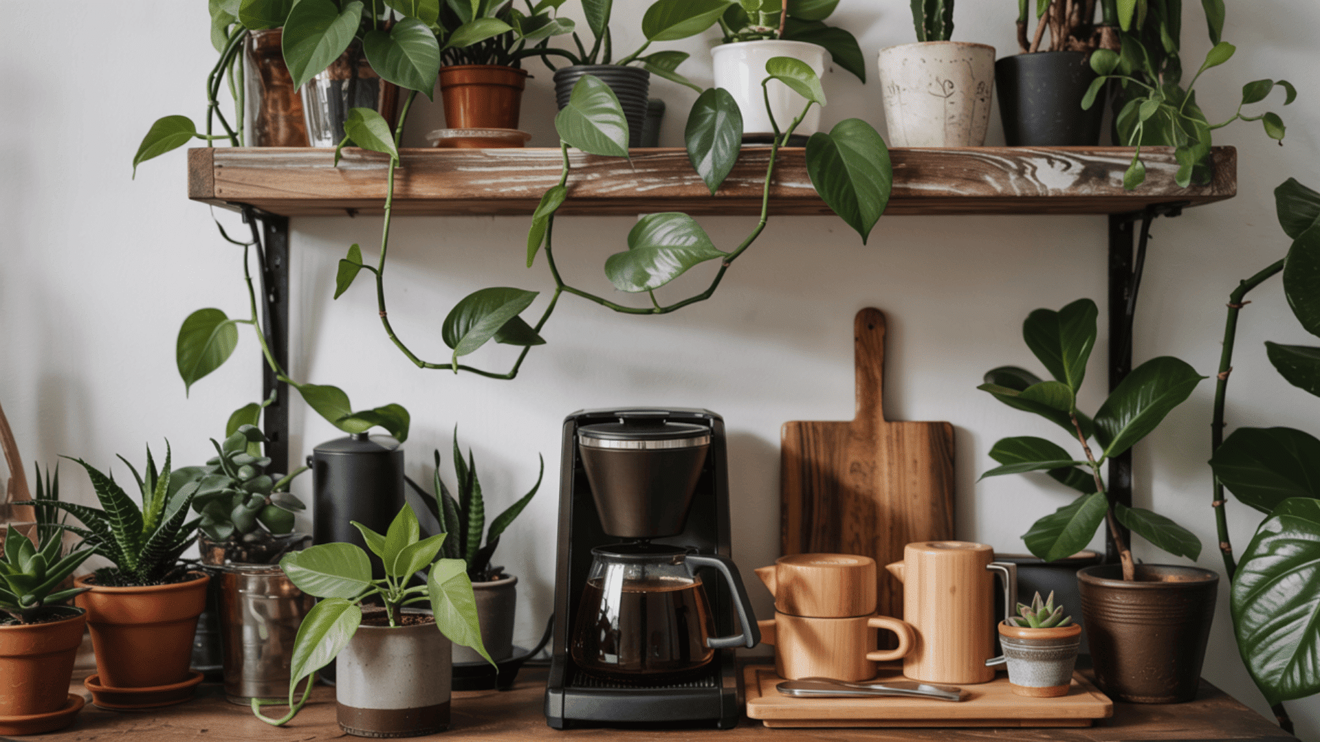 coffee bar with plants greenery natural textures