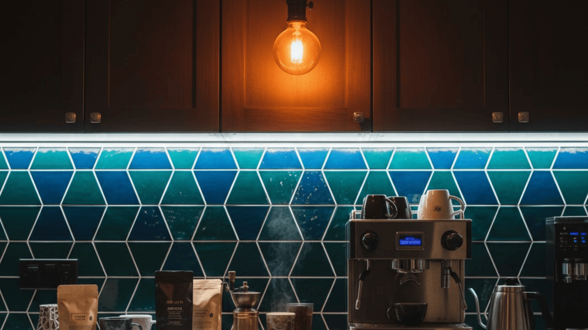 coffee bar with statement backsplash ambience lighting