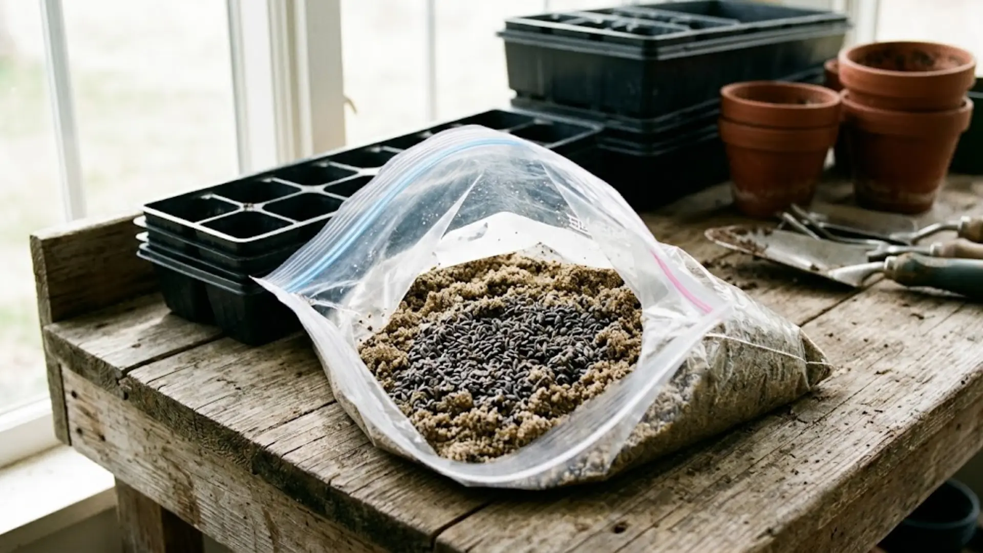 lavender seeds mixed with damp sand before cold stratification
