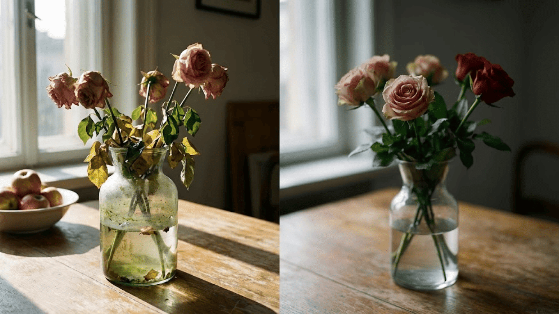 wilting roses in cloudy vase near window showing common care mistakes and neglected arrangement
