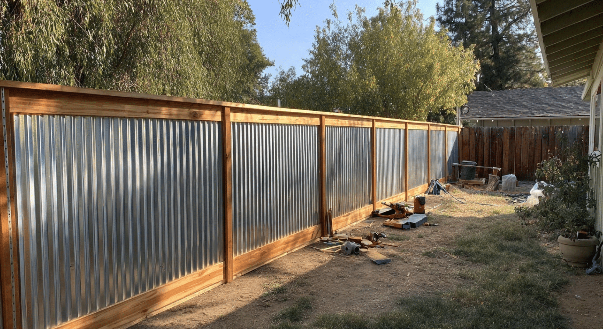 corrugated metal and wood frame fence