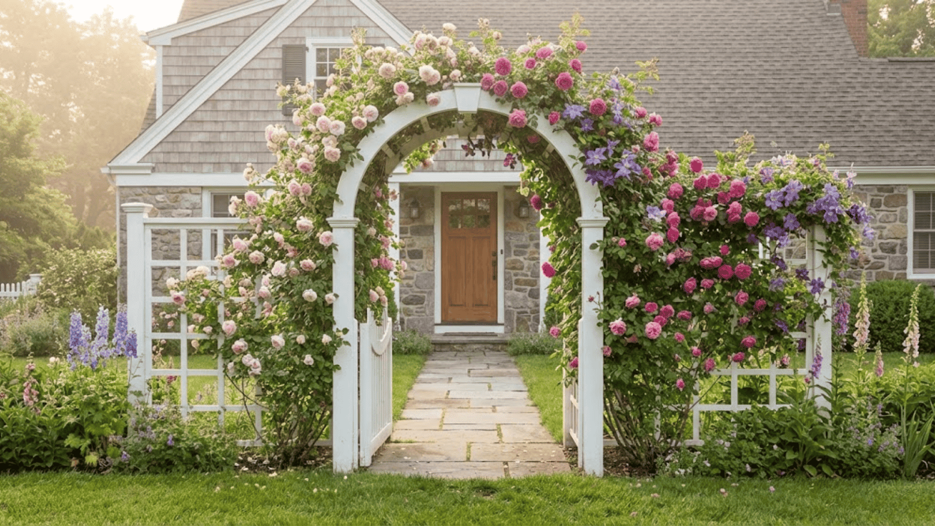cottage arch or trellis with climbing roses or clematis