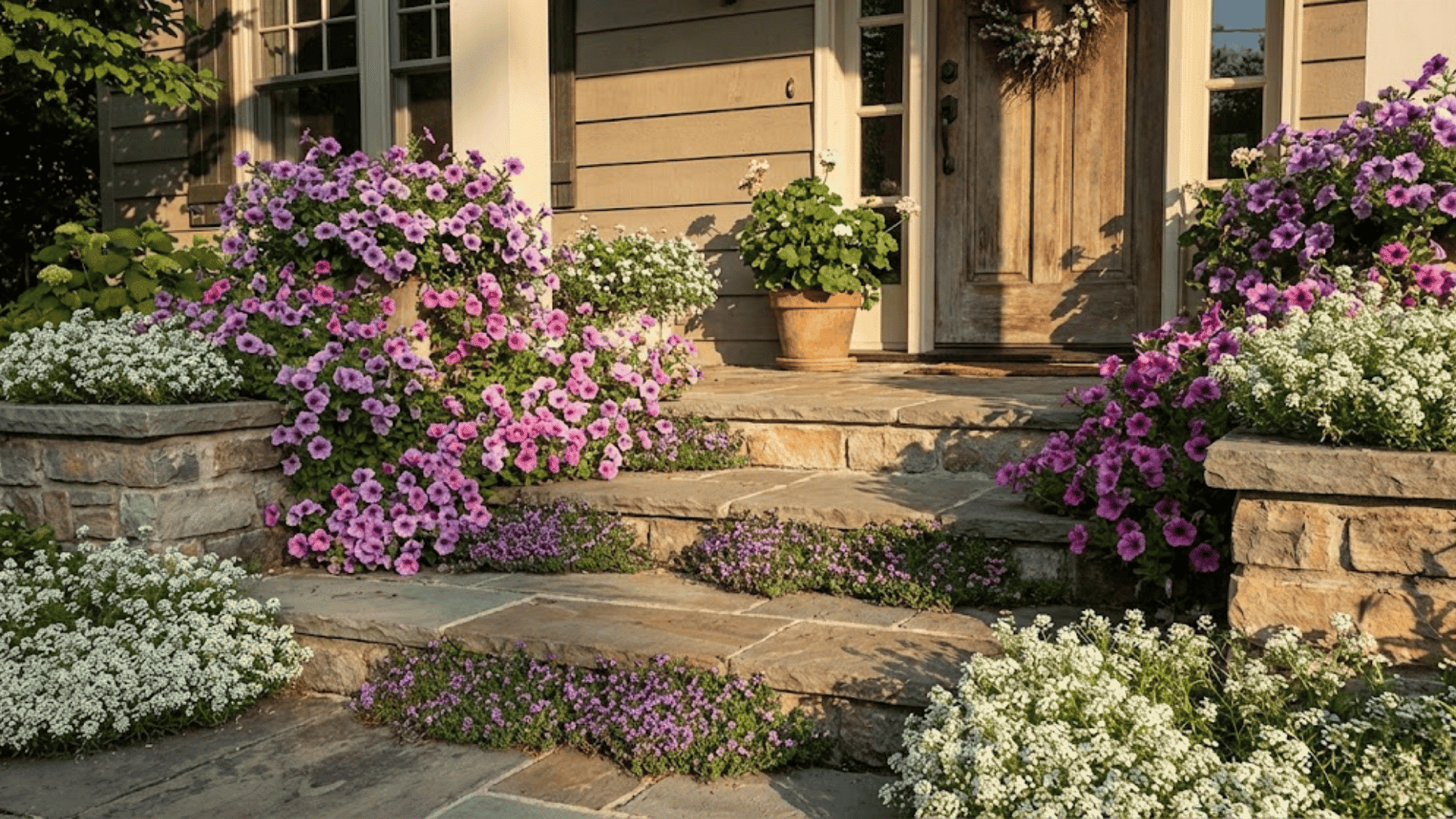 cottage stepsides with trailing petunias thyme