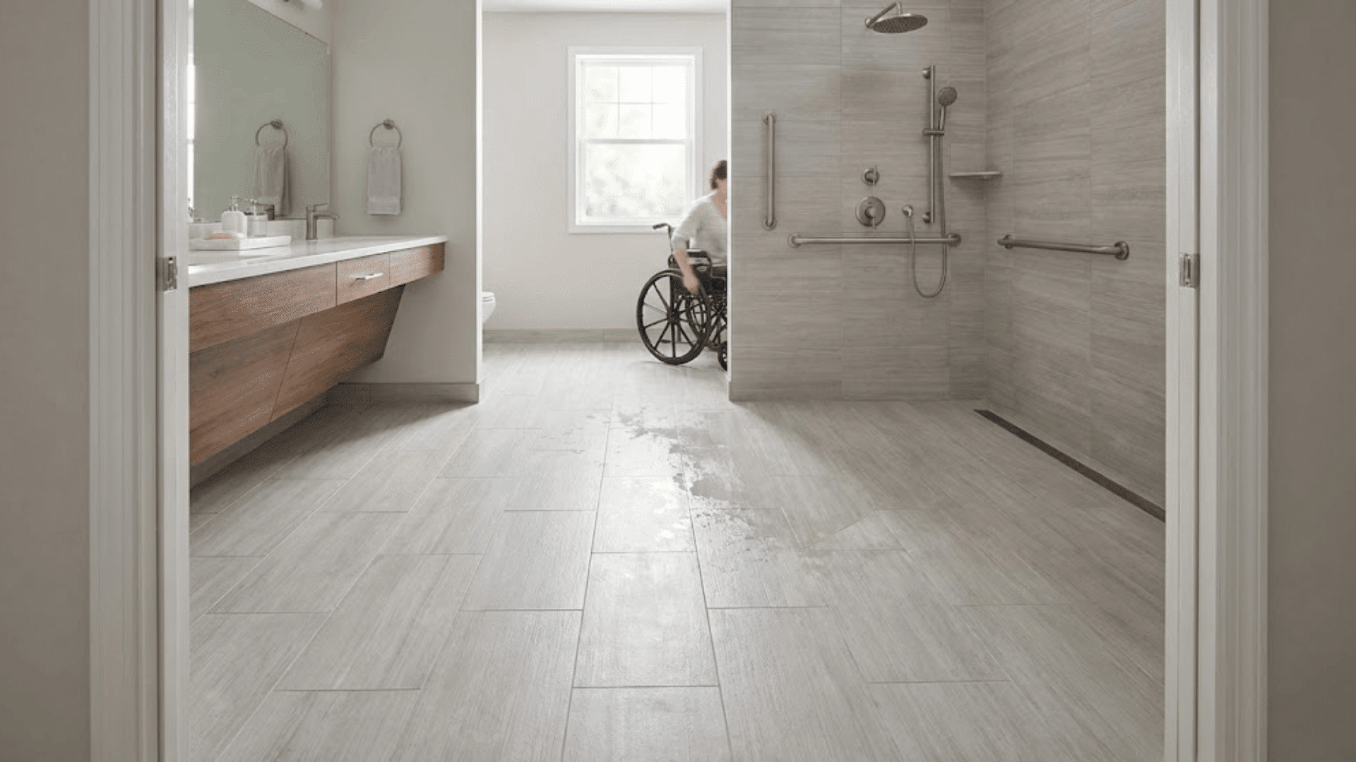 accessible curbless doorless shower with flush floor transition and grab bars in modern bathroom
