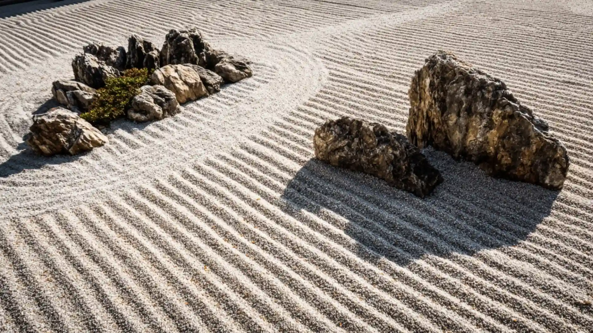 japanese rock garden with raked gravel flowing around natural stone groups