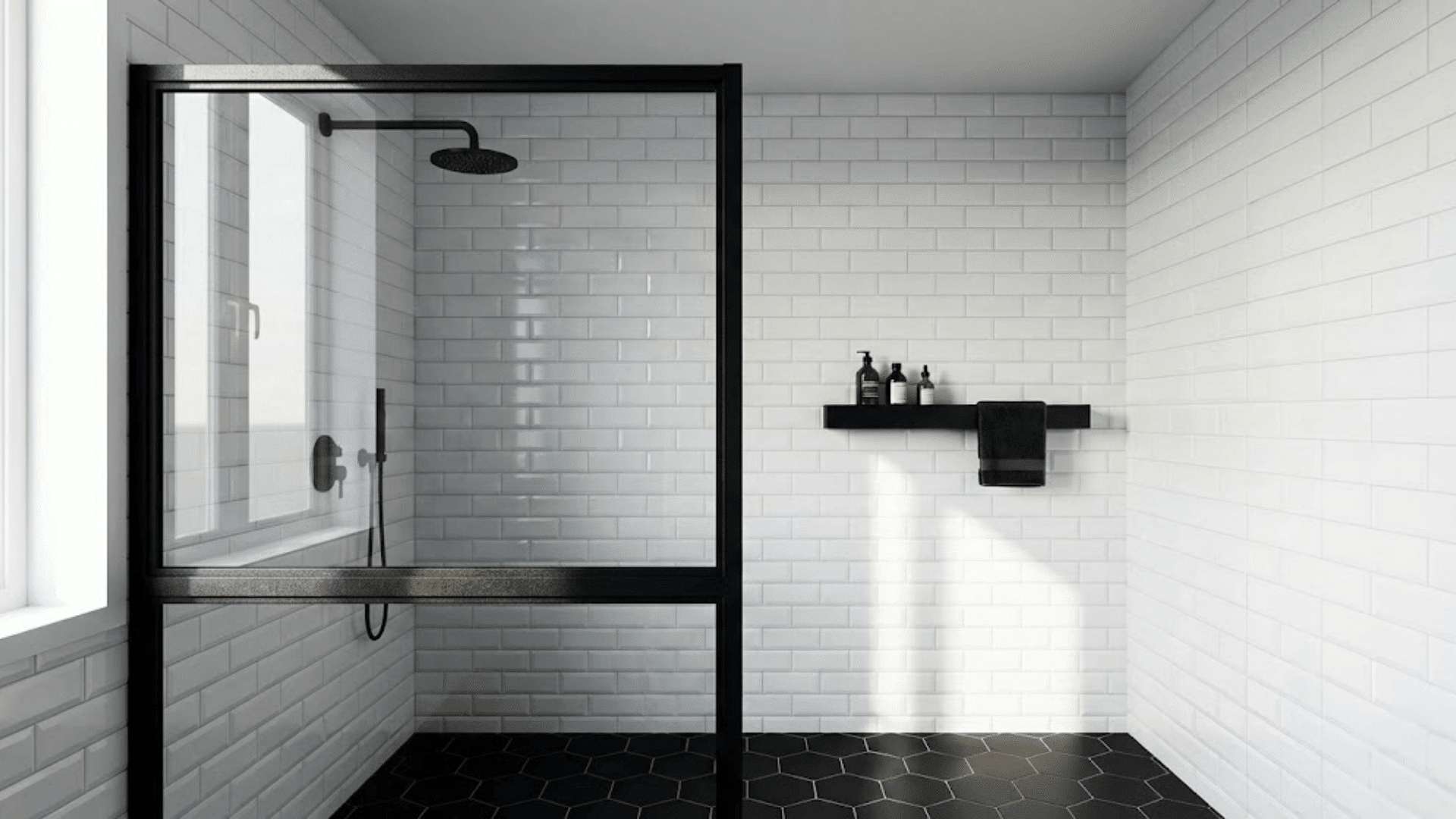 contemporary doorless shower with matte black framed glass panel and white subway tiles