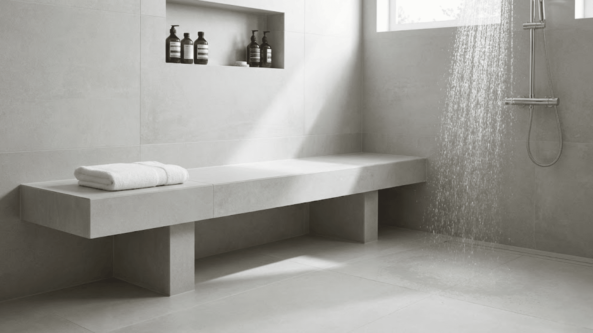 doorless walk-in shower featuring full-width built-in tiled bench and chrome rainfall showerhead