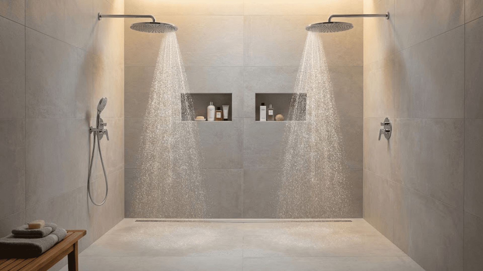 spacious doorless shower featuring two chrome rainfall showerheads in contemporary bathroom