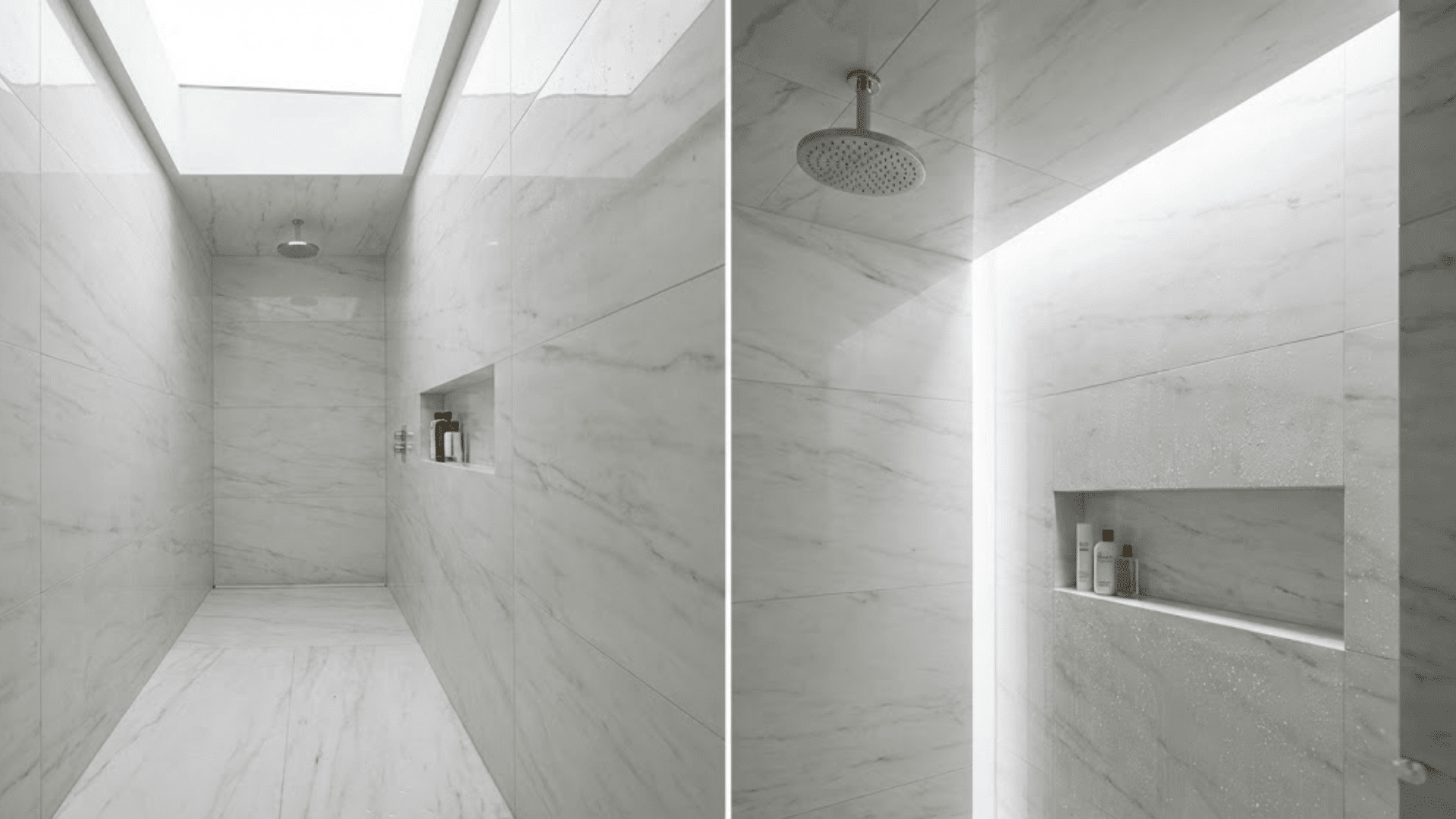 dramatic doorless shower with continuous floor-to-ceiling marble-look tiles and rainfall showerhead
