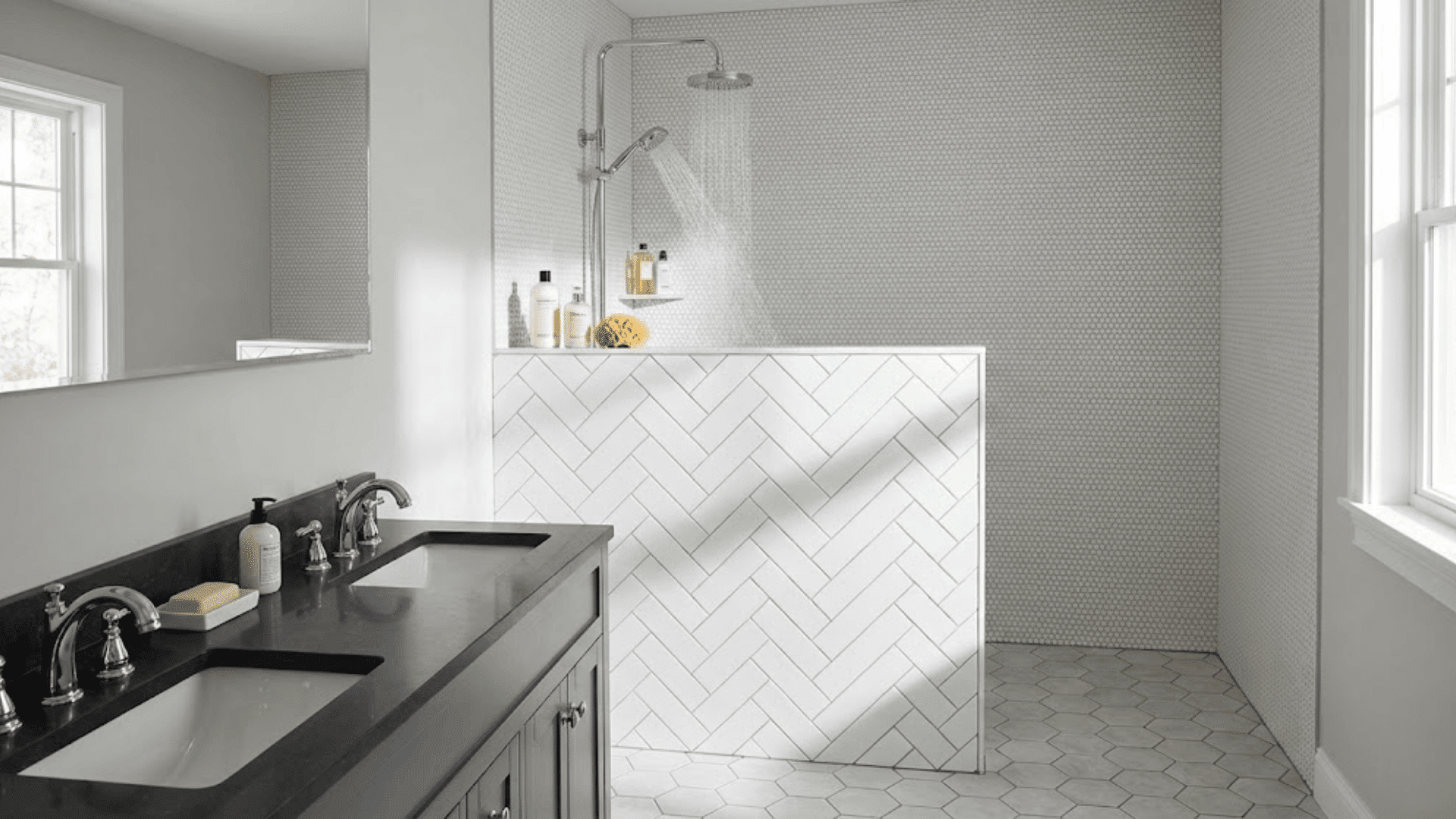 Doorless Shower with Half Wall Divider