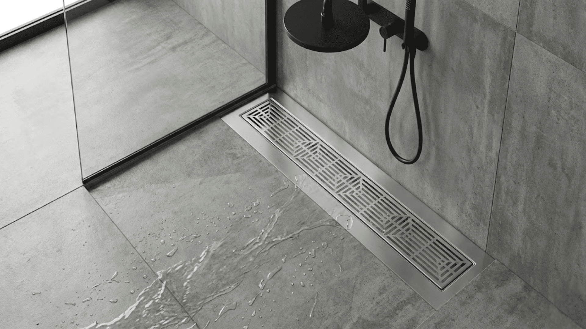 modern doorless shower featuring sleek stainless steel linear drain and gray concrete-look tiles