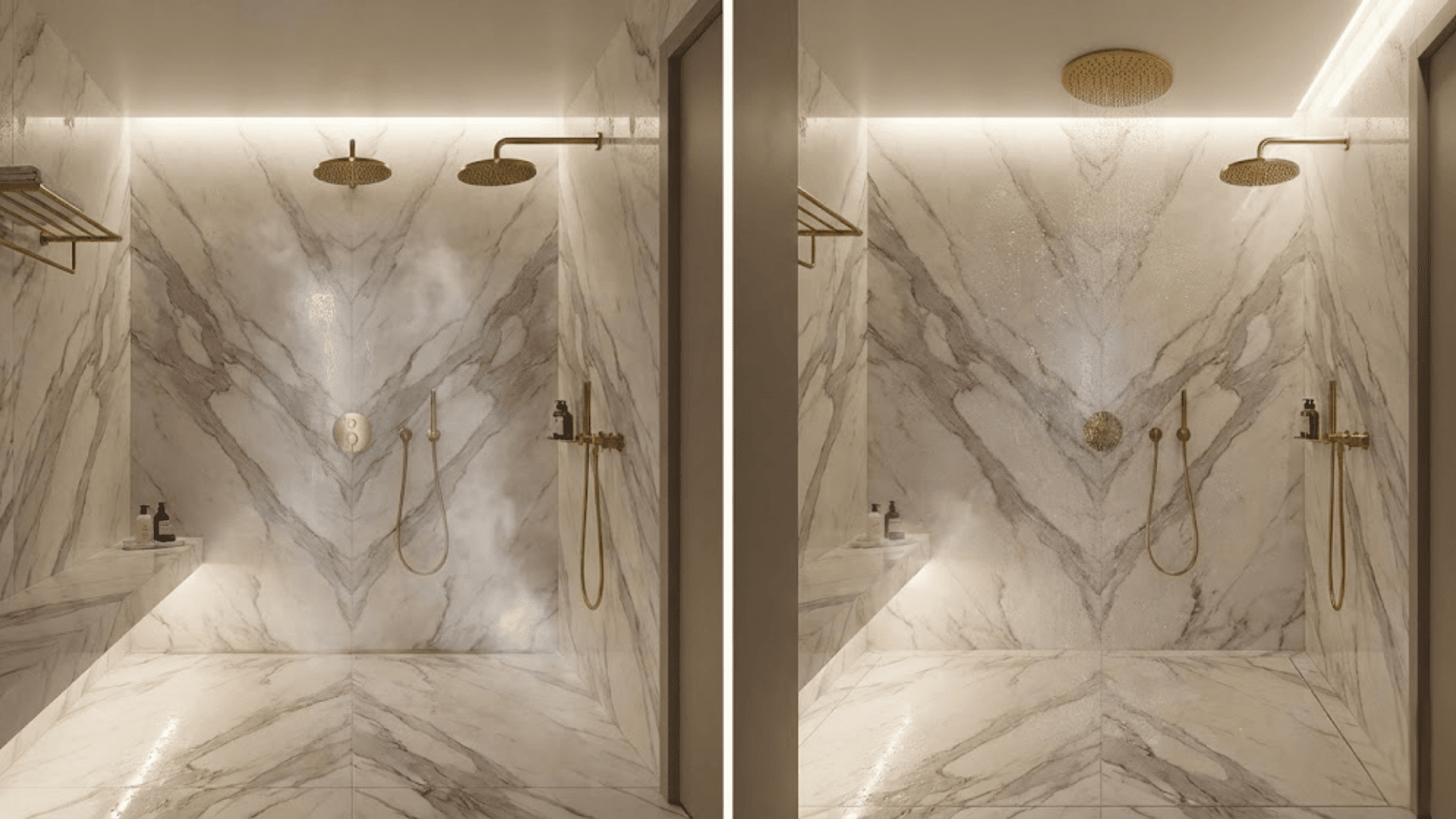 luxury doorless shower with floor-to-ceiling calacatta marble walls and brass fixtures