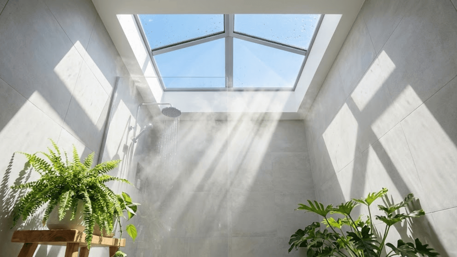bright doorless shower with skylight above bringing natural sunlight into modern bathroom space