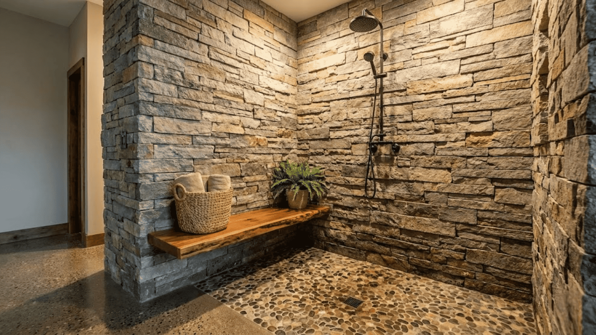 natural doorless shower with stacked ledger stone walls and polished concrete floor