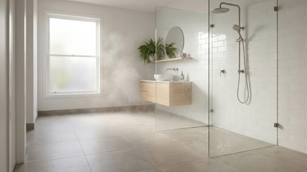 modern doorless walk in shower with seamless floor transition and frameless glass in spa like bathroom