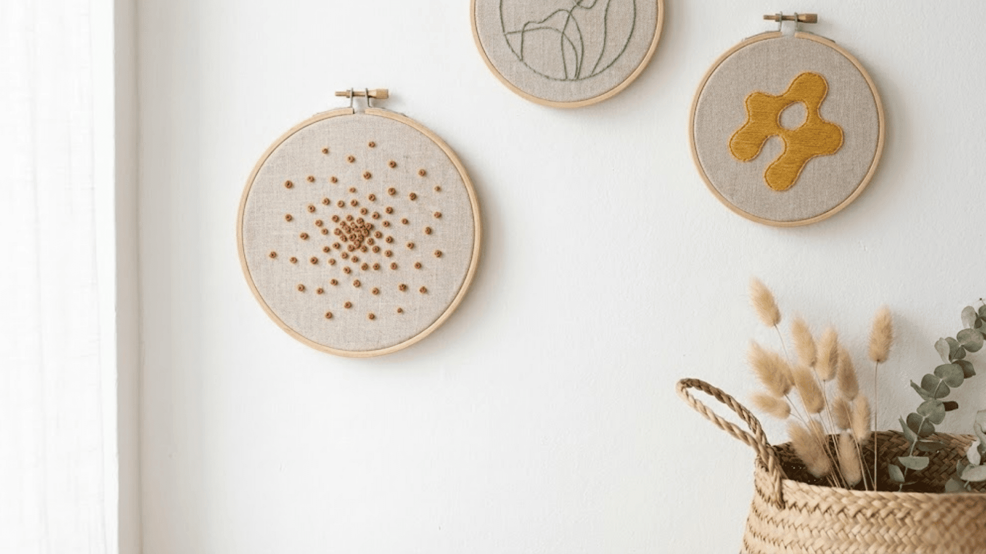 embroidery wall art in minimal hoops