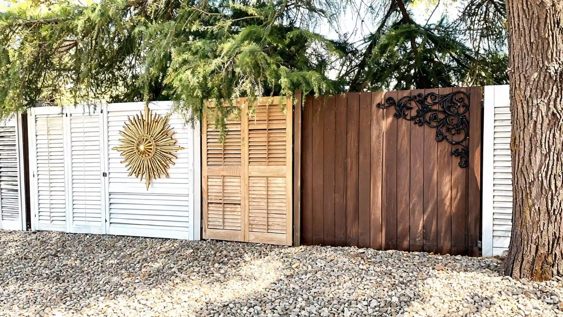 reclaimed old doors used as a creative diy fence with rustic backyard privacy design and decor elements