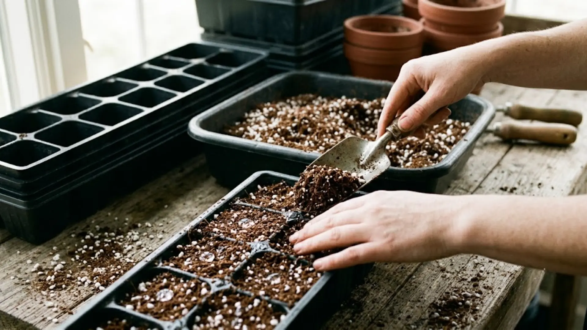 filling seed trays with moist soil before sowing lavender