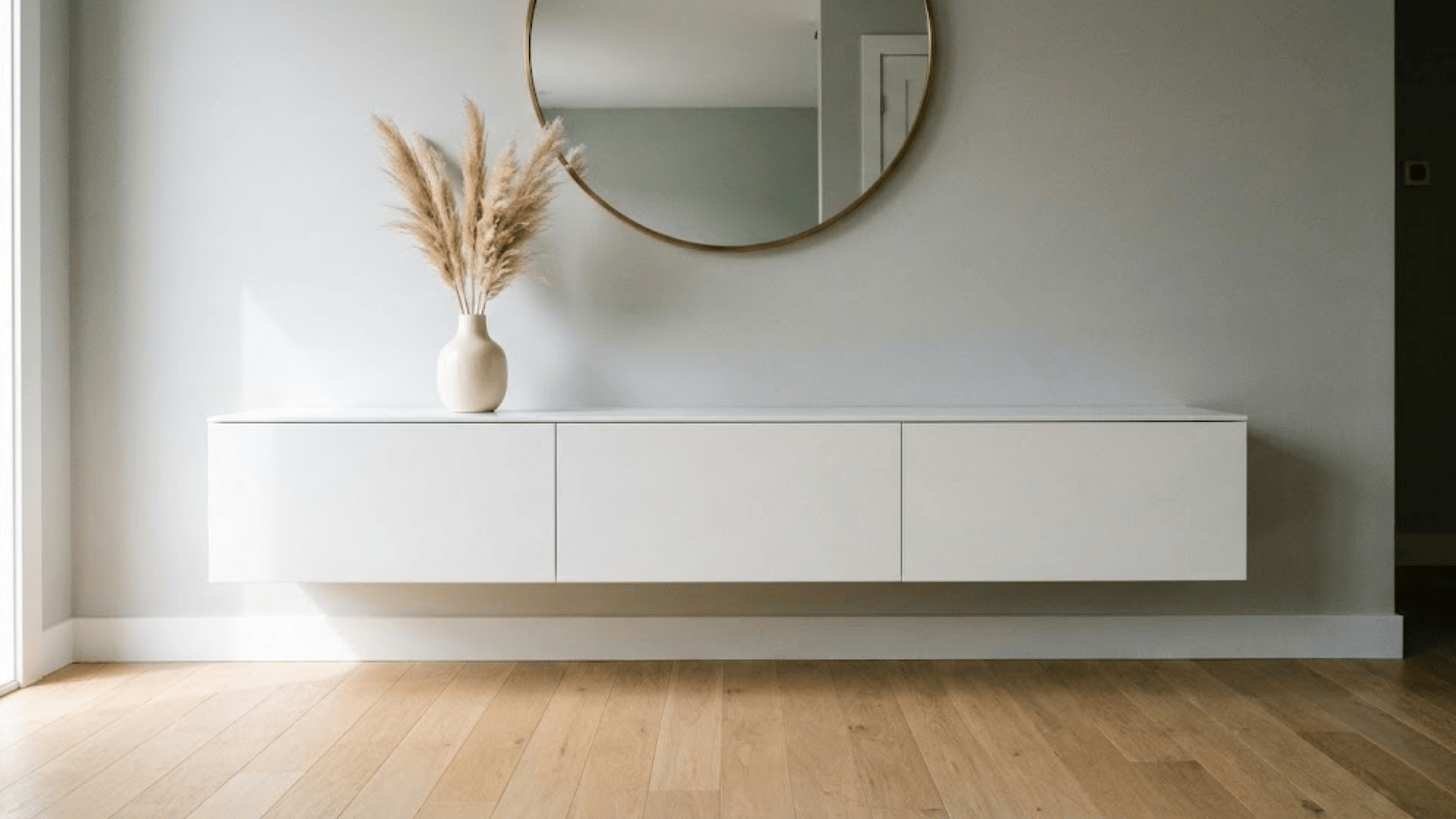 white floating console with hidden storage mounted on gray wall with round brass mirror and oak flooring
