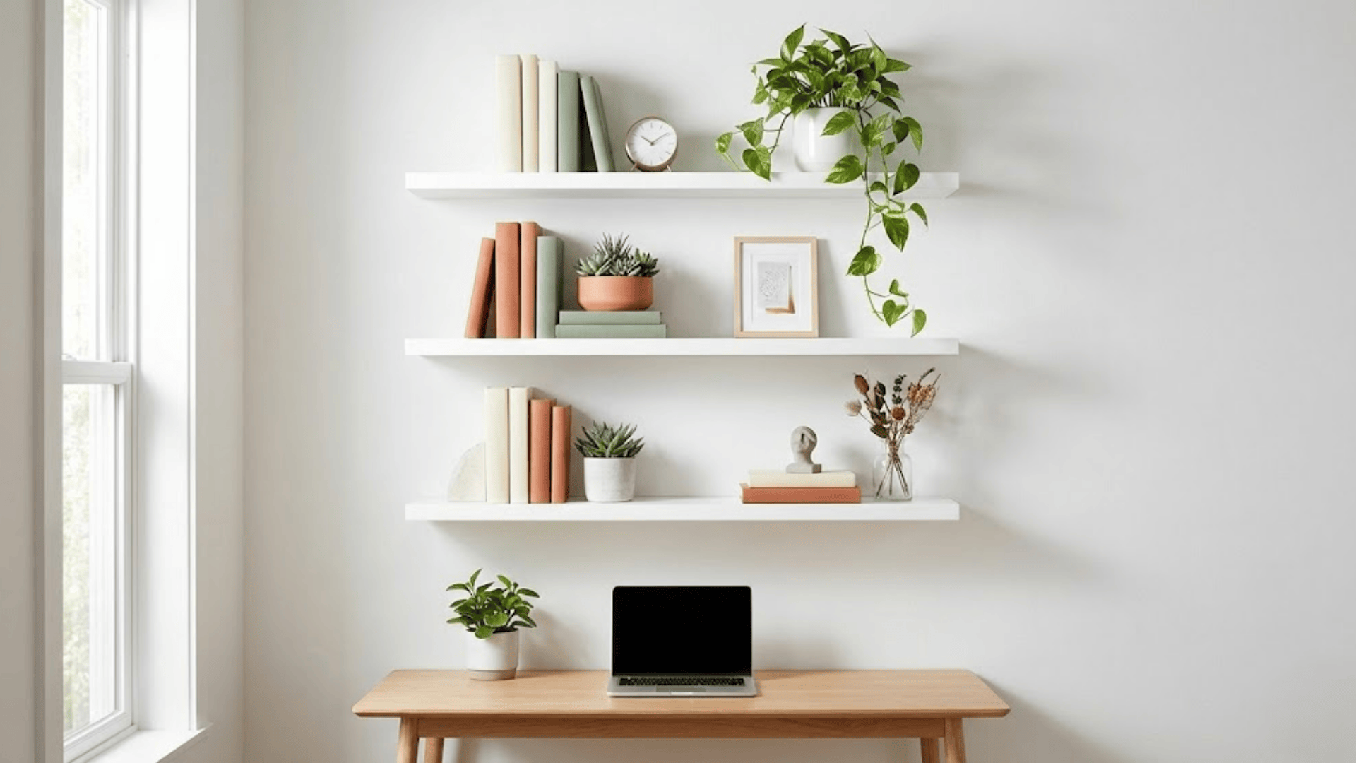 floating shelves with plants and books