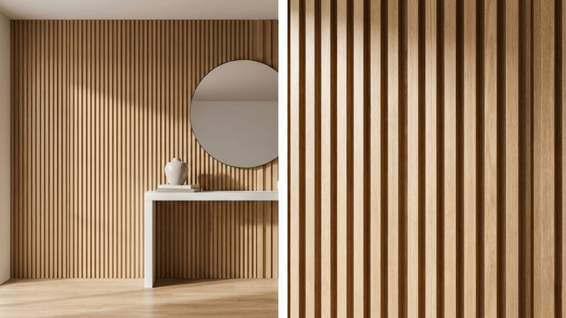 vertical fluted wood paneling in light oak with grooved texture creating dimensional accent wall