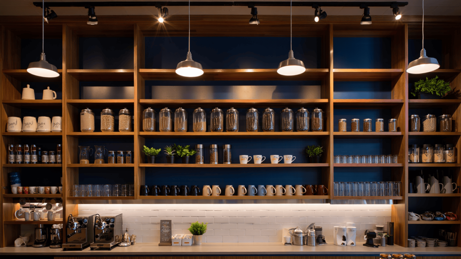 full wall coffee bar cafe style wall display