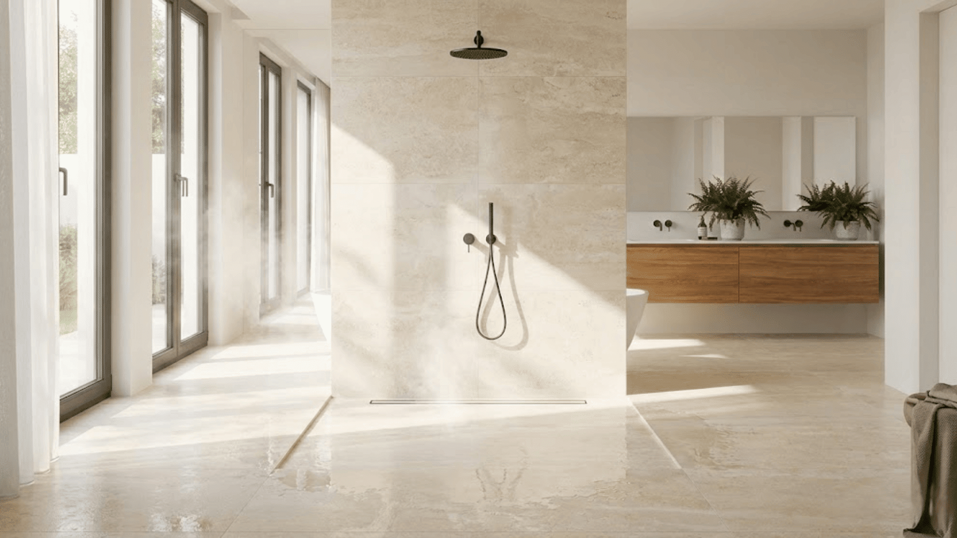 fully open doorless shower with no glass panels featuring seamless travertine tiles and rainfall showerhead