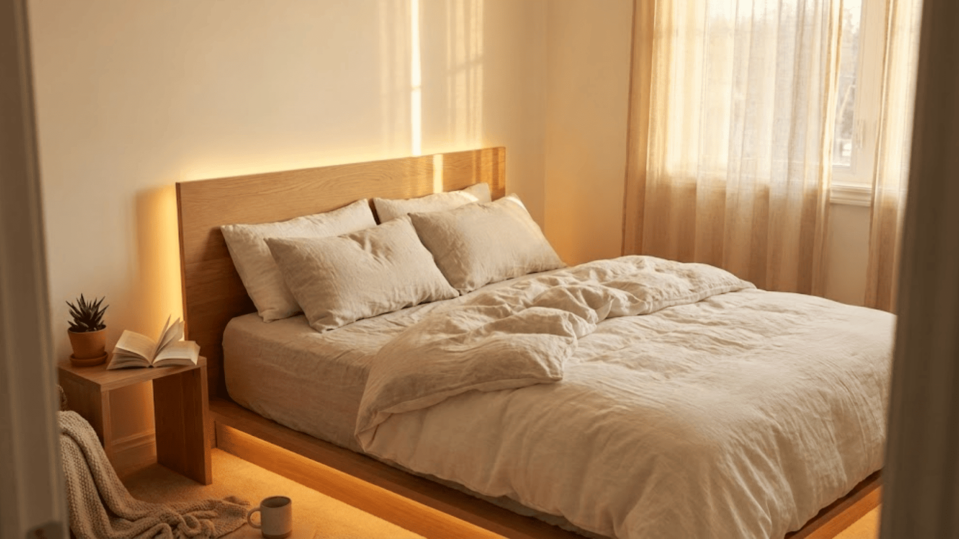 hidden LED strip lighting behind the bed