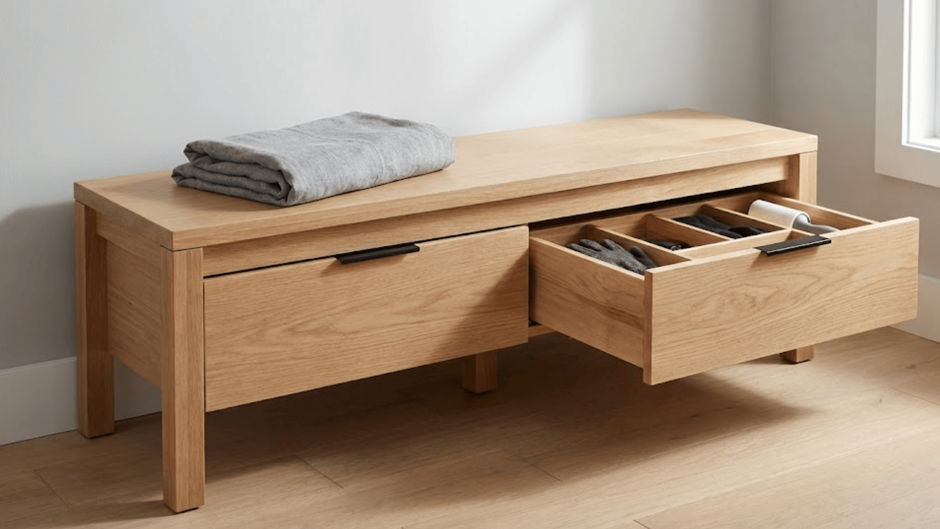 white oak entryway bench with two full-width drawers underneath and clean lines on oak flooring