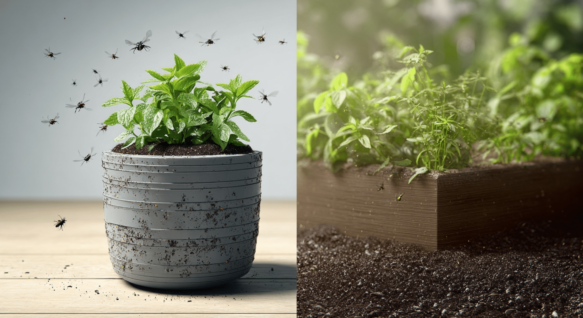 split view comparing indoor potted plant soil and outdoor garden soil bugs