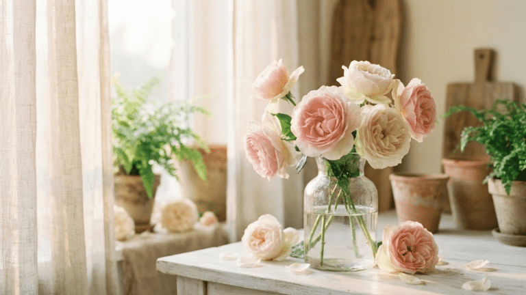 fresh garden roses in glass vase on wooden table with soft morning light and scattered petals