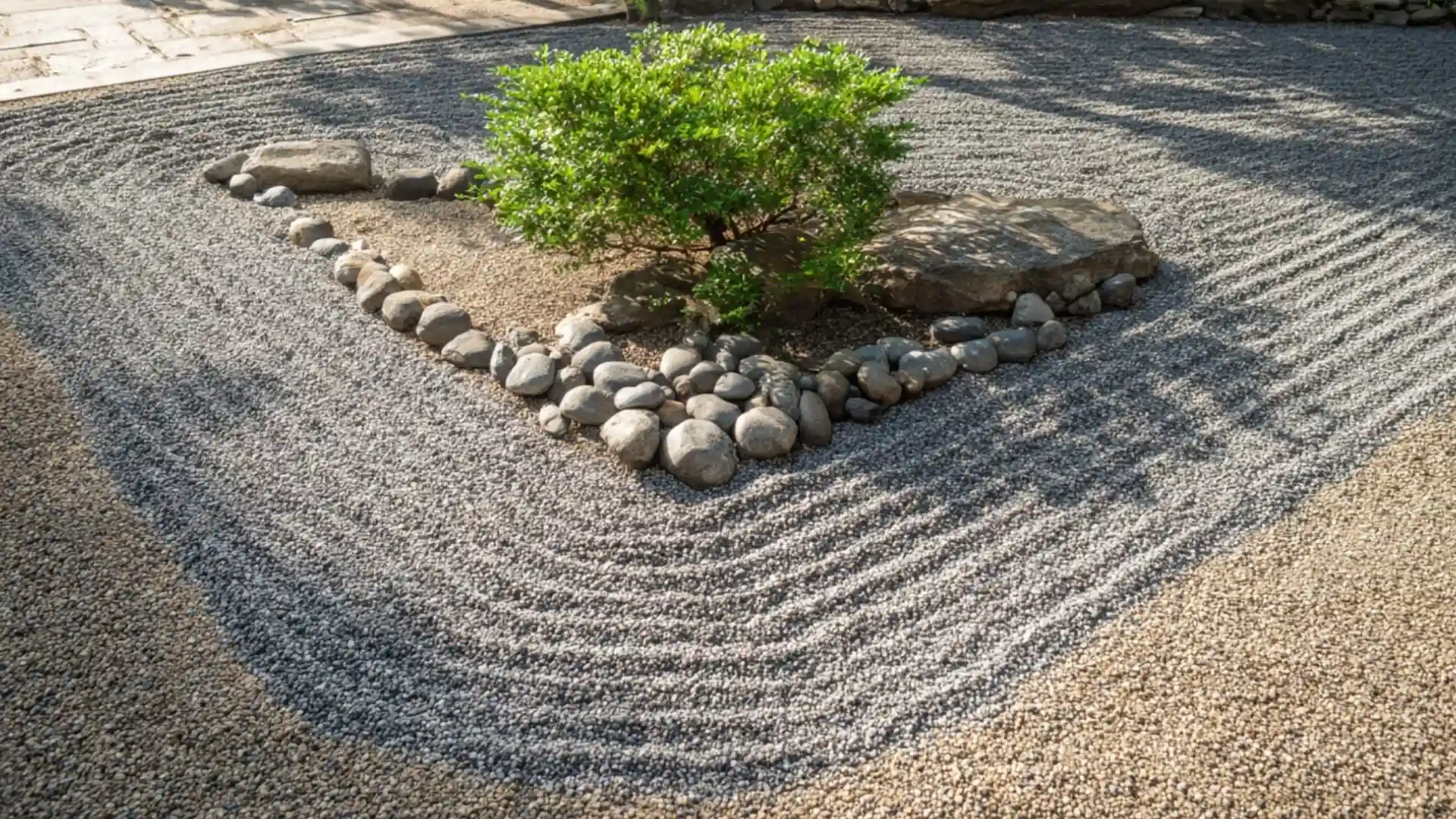 small japanese rock garden with raked gravel and a trimmed shrub at the center of design