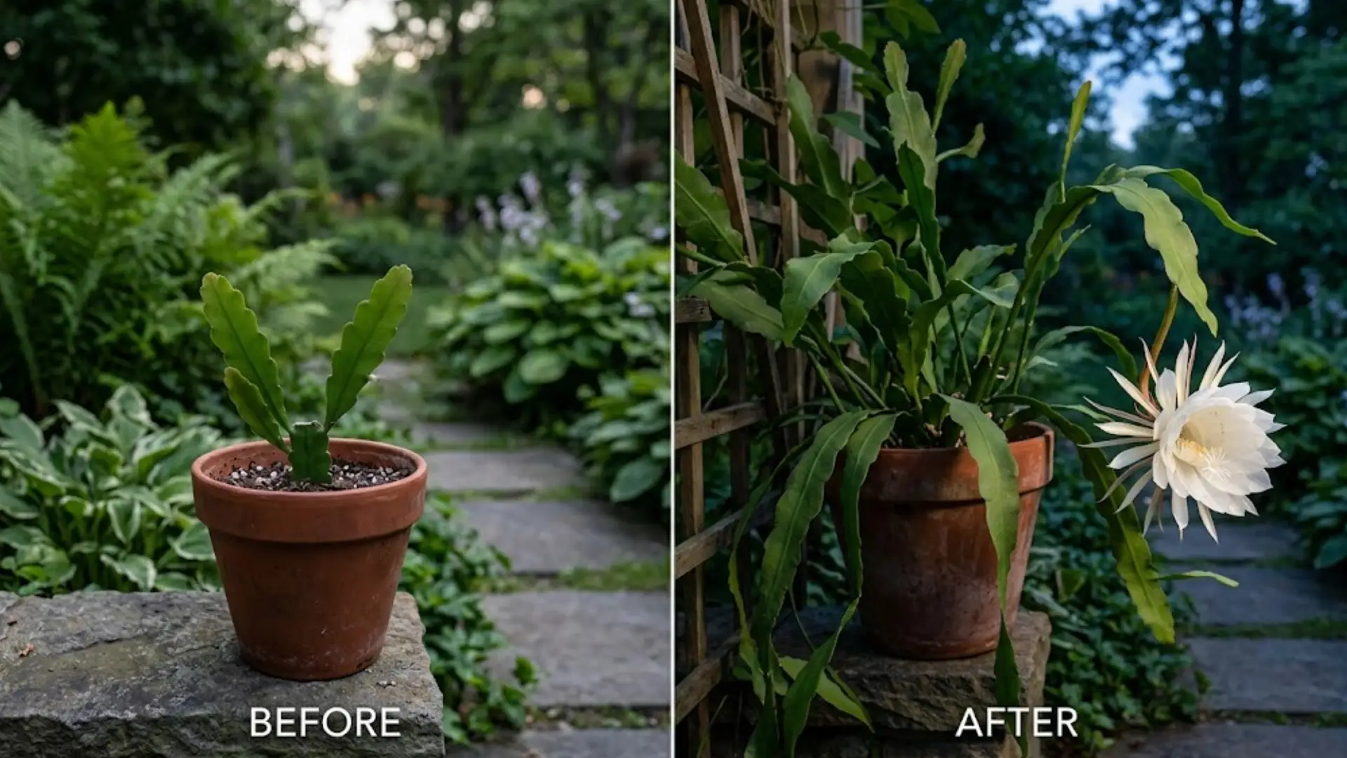 before and after growth stages of night blooming cereus plant with white flower bloom