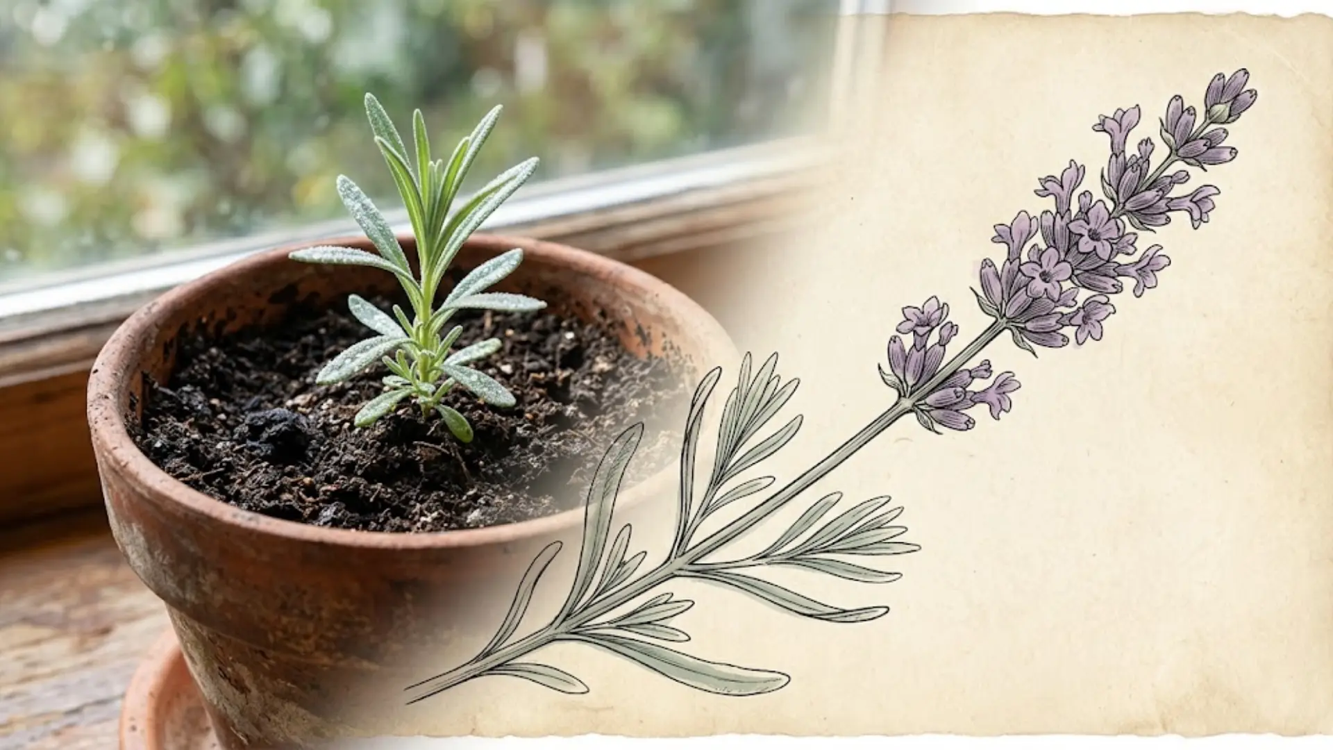lavender seedling photo blending into a botanical illustration of full bloom