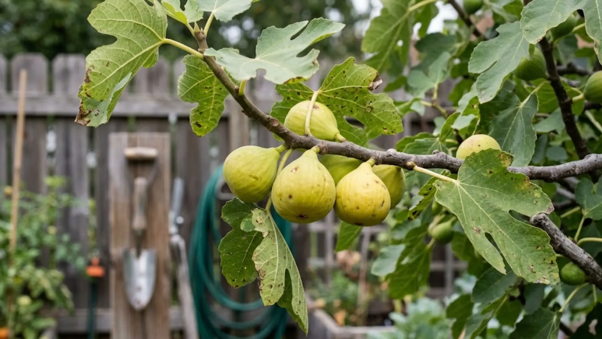 green yellow kadota figs on a leafy branch in a backyard